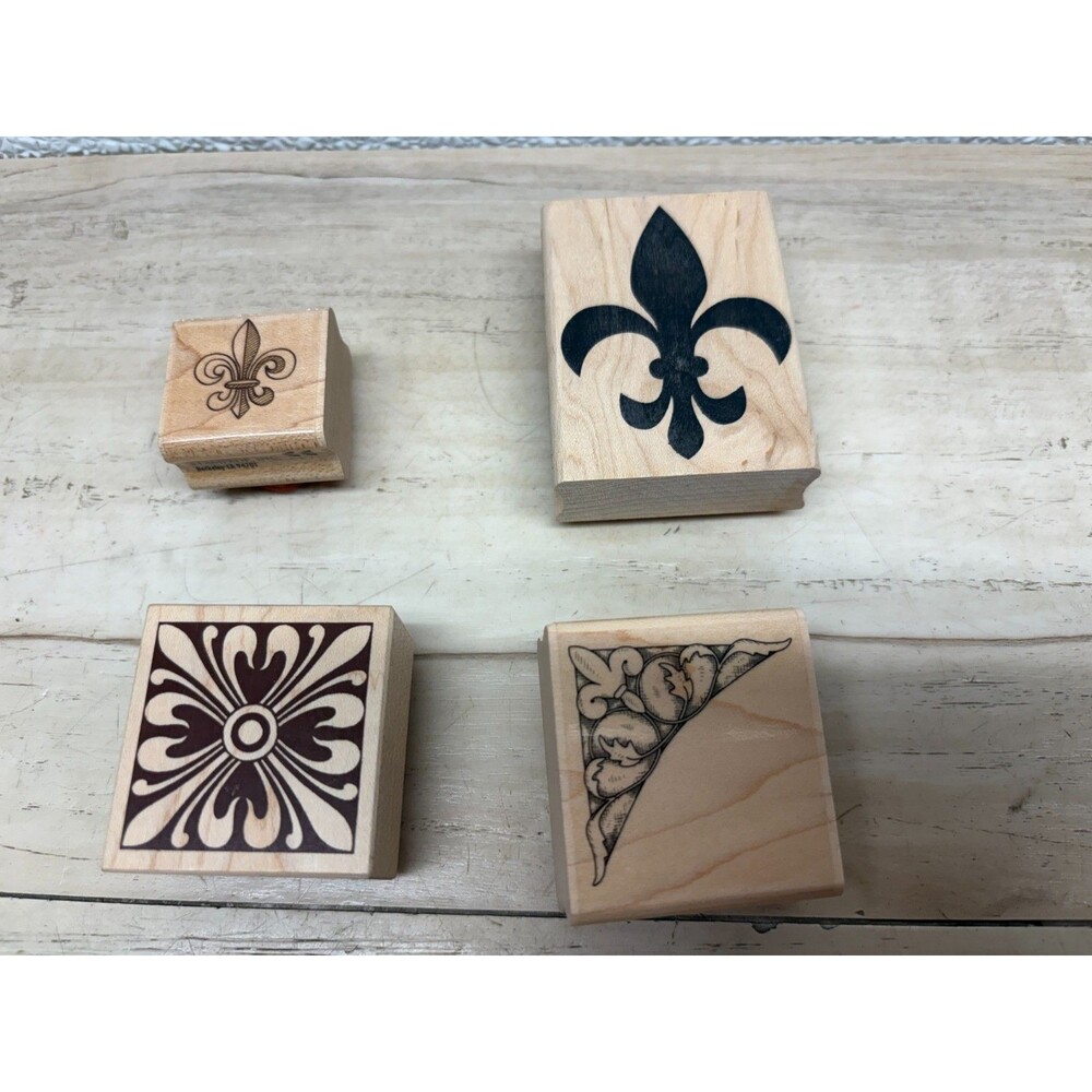 Set Of 4 Wood Mounted Rubber Stamps Fleur De Lis